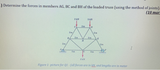 ) Determine the forces in members AG, BC and BH of the loaded truss (using the method of joints). (10 mar 3 kN 3 kN 2 m 2 nm IH 2m 2m 3 m 3 m 2 kN Figure 1-picture for Q1 - (all forces are in kN and lengths are in meter