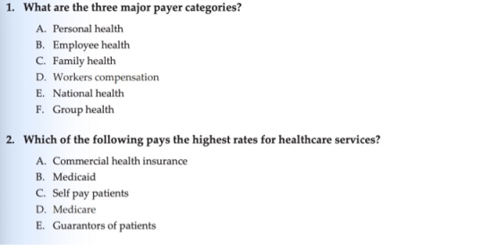 1. What are the three major payer categories? A. Personal health B. Employee health C. Family health D. Workers compensation