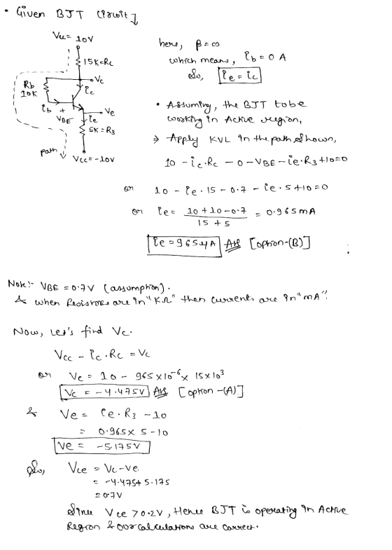 Given BJT (Powit] Veea lor E15K=Rc here, pres which means, lbao A 1. So, lezic ! Rb ove ( 106 b + ove VBE fle - SK = Re path