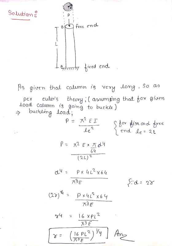 Solution P free end enih fixed end - As given that column is very long, so as per ellens theory i ( assuming that for given