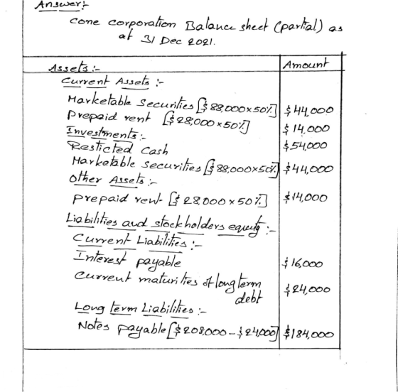 Answert cone corporalion Balance sheet Cparlial) as 1. at 31 Dec 2021. Amount Assets Current Assets :- Marketable Securilies