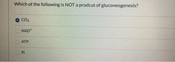 Which of the following is NOT a prodcut of gluconeogenesis? CO2 NAD+ ATP Pi
