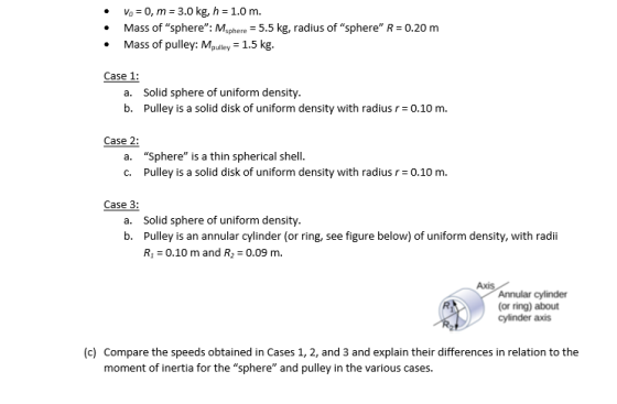 Vo = 0, m = 3.0 kg, h = 1.0 m. Mass of sphere: Msphere = 5.5 kg, radius of sphere R = 0.20 m Mass of pulley: Mulley = 1.5