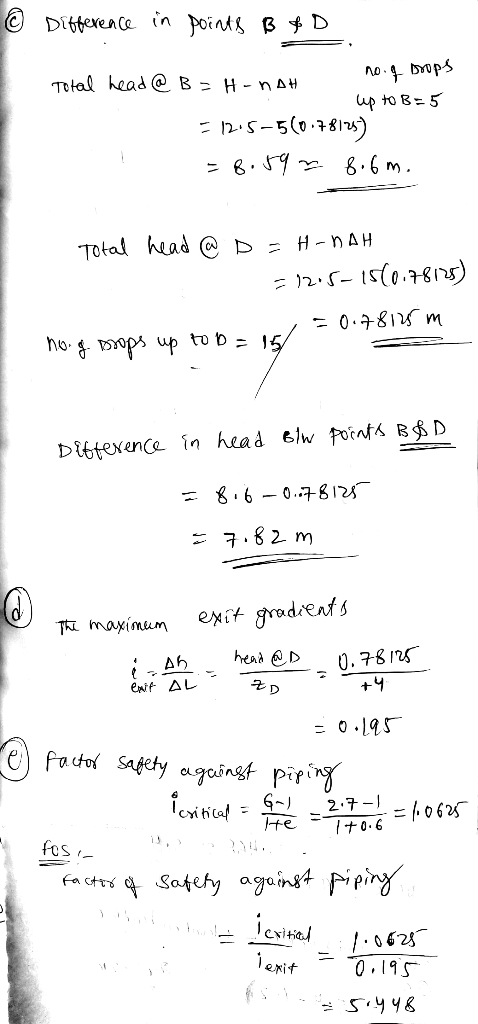 © Difference in points BfD Total head @ B=H-nah no. q Drops - up to B=5 = 12.5-5(0.78124) = 8.59 ~ 8.6m. Total head @ D =H-NA