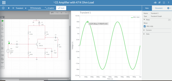 * CE Amplifier with 47 K Ohm Load I ? Transient Schematic Grapher sa Split Item Document Transient 1 Name Transient 1 12.5m T