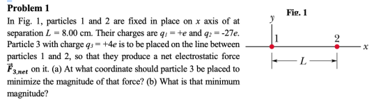 Fig. 1 X Problem 1 In Fig. 1, particles 1 and 2 are fixed in place on x axis of at separation L = 8.00 cm. Their charges are