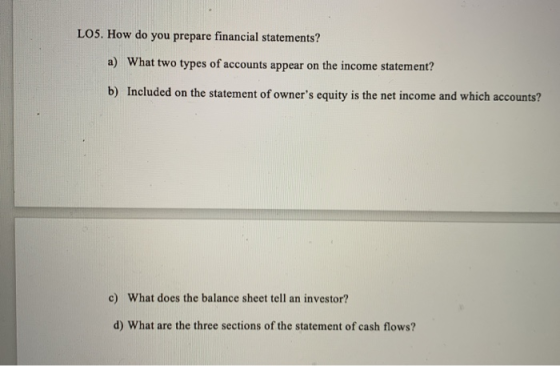 LO5. How do you prepare financial statements? a) What two types of accounts appear on the income statement? b) Included on the statement of owners equity is the net income and which accounts? c) What does the balance sheet tell an investor? d) What are the three sections of the statement of cash flows?
