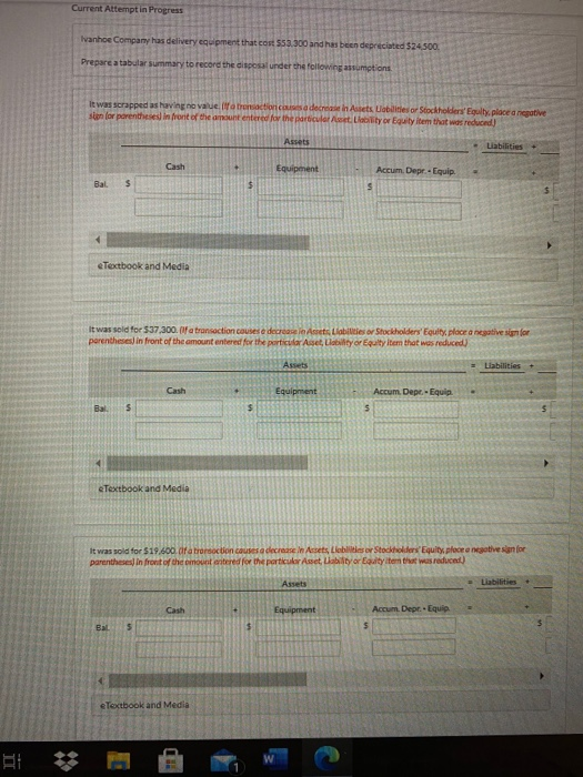 Current Attempt in Progress Ivanhoe Company has delivery equipment that cos: 553.300 and has been depreciated $24500 Prepare