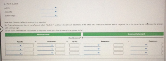 March 1, 2018 Statements) enter the answer How does this entry affect the accounting equation? If a financial statement item