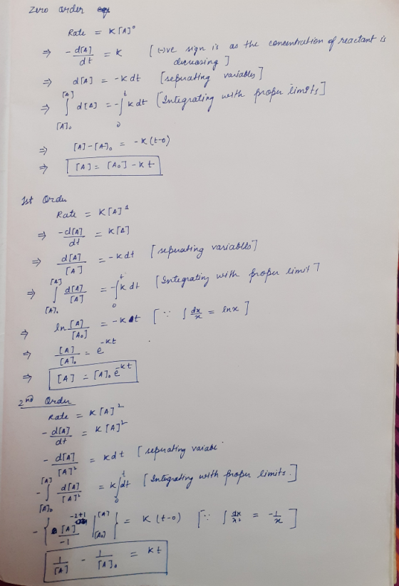 Zro andr Rate = KTAJ as the conantrtion of reactant - dr41 [ve Mn i dieusring aepuatng variably -jedenlguatiny d lA = K dt Li