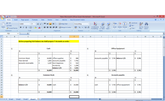 New Microsoft Office E xcel Worksheet - Microsoft Home Insert Page Layout Formulas Data Review View Add-Ins Easy Document Creator E AutoSum La Copy Paste FFormat Painter B 1 . S. 쇠 물運迴函Merge & Center. E-% , t conditional Format Cell Insert Delete Format Sort & Find & 2 Clear Filter Select Editing Formatting as Table Styles Clipboard Font F25 Before preparing trial balance we shall prepare T-Accounts as under Office Equipment Accounts payable 7,742 Balance C/D Common Stock Fees Earned accounts receivable 14,000 office supplies 1,652 accounts payable 1,247 Rent Expenses 5 7,742 $ 7,742 $510 $1,200 7,041 $ 16,899 Dividends Balance C/D 12 $ 7,742 7,742 14 15 16 17 18 19 16,899 2) Common Stock Accounts payable Balance C/D 14,000 Cash $ 14,000 7,742 office equipment 7,742 21 23 14,000 $ 14,000 $ 7,742 5 7,742 25 H Sheeti Sheet2 Sheet3 sheet4