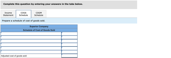 Complete this question by entering your answers in the tabs below. Income Statement COGS Schedule COGM Schedule Prepare a sch