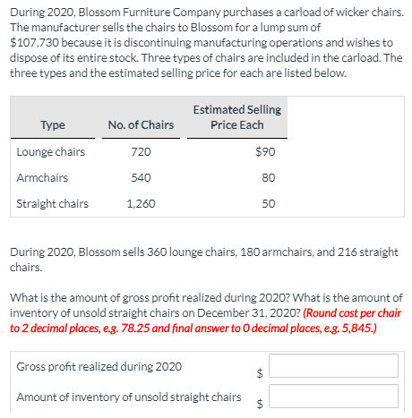 During 2020, Blossom Furniture Company purchases a carload of wicker chairs. The manufacturer sells the chairs to Blossom for