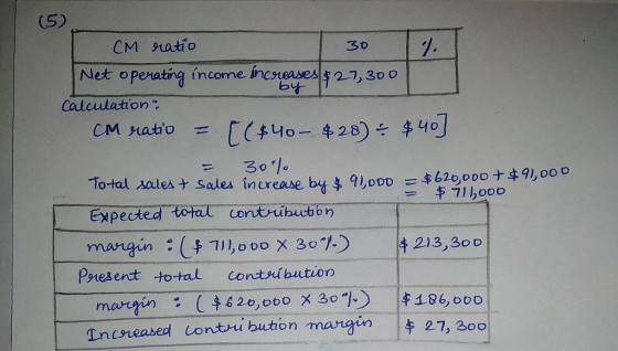 (5) CM ratio 30 %. Net operating income increases $ 27,300 calculation CM ratio = ($40- $28) = $40] = 30% Total sales & sales