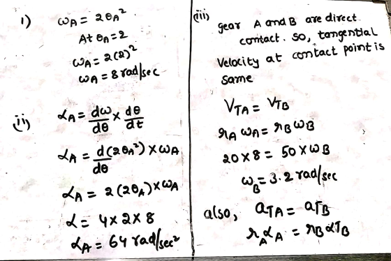 iii) WA = 2002 At on=2 gear A and B are direct contact. so, tangential Velocity at contact point is WA= 2(2)2 WA = 8 rad/sec