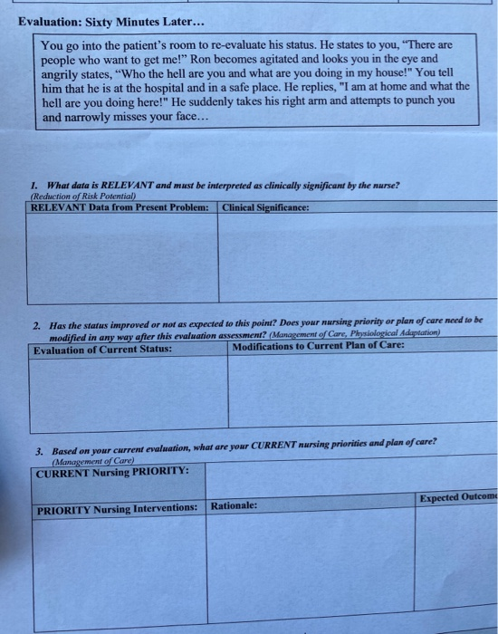 Evaluation: Sixty Minutes Later... You go into the patients room to re-evaluate his status. He states to you, There are peo