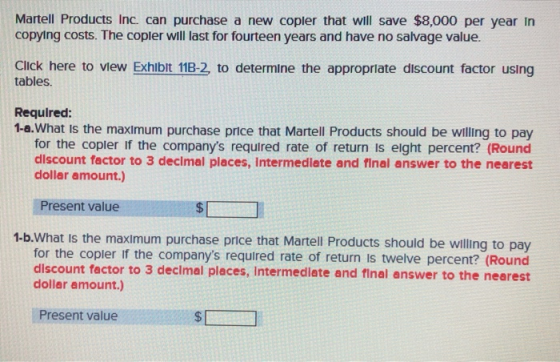 Martell Products Inc. can purchase a new copler that will save $8,000 per year in copying costs. The copler will last for fou