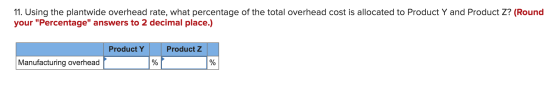 11. Using the plantwide overhead rate, what percentage of the total overhead cost is allocated to Product Y and Product Z? (R