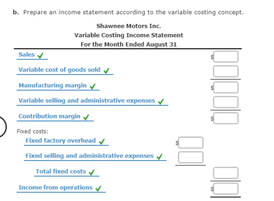 b. Prepare an income statement according to the variable costing concept. Shawnee Motors Inc. Variable Costing Income Stateme
