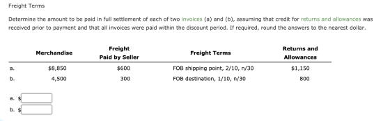 Freight Terms Determine the amount to be paid in full settlement of each of two invoices (a) and (b), assuming that credit fo