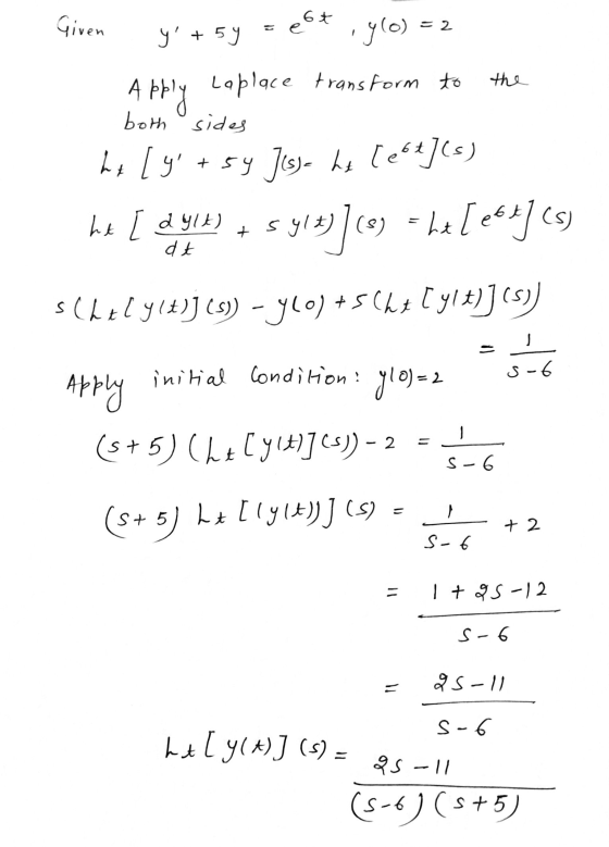 6t e = 2 transform to the Given y + 5y iglo) Apply Laplace both sides hely +54 Jissa he [et] (s) ht [ dylt) 5 414)7(0= he [