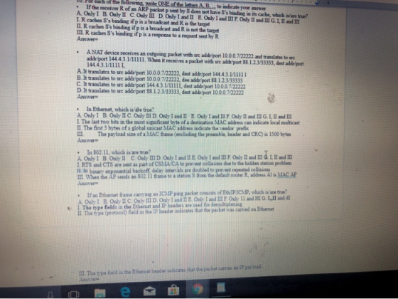 . each of the following, write ONE of the letters AB to indicate your answer If the receiver R of an ARP packet p sent by S d