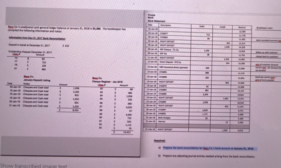 Purple Bank Dute Description Det C BECs adjusted cash general ledger balance at January 31, 2036 $5,16. The bookkeeper has c