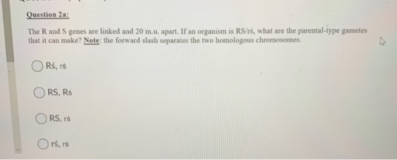 Question 2a: The R and S genes are linked and 20 m.u. apart. If an organism is RS/rs, what are the parental-type gametes that
