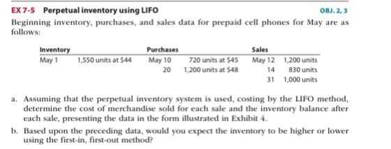 OBJ. 2,3 EX 7-5 Perpetual inventory using LIFO Beginning inventory, purchases, and sales data for prepaid cell phones for May
