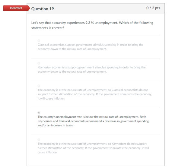 0/2 pts incorrectuestion 19 Lets say that a country experiences 9.3 % unemployment, which of the following statements is cor