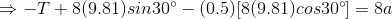\Rightarrow -T+8(9.81)sin30^{\circ}-(0.5)[8(9.81)cos30^{\circ}] = 8a