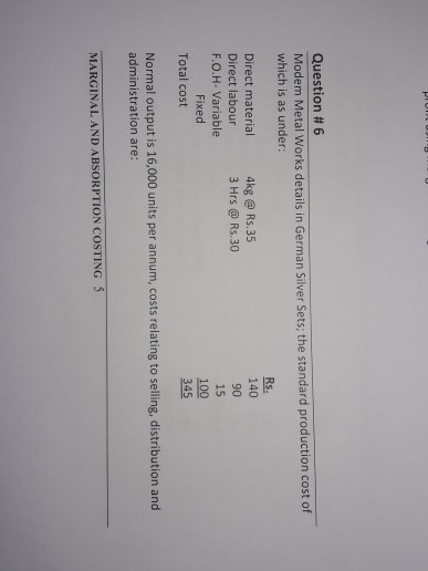 Question #6 Modem Metal Works details in German Silver Sets; the standard production cost of which is as under: RS. 4kg @ Rs.