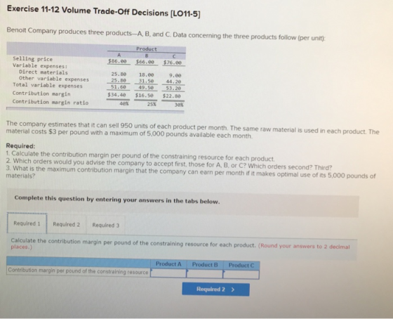 Exercise 11-12 Volume Trade-Off Decisions [LO11-5] Benoit Company produces three products-A, B, and C. Data concerning the three products follow (per unit Product Selling price Variable expenses: 586.6 $66.80 $76.6 Direct materials Other variable expenses Total variable expenses Contribution margin Contribution margin ratio 25.88 18.00 9.00 25.80 31.5 44.20 51.60 49.5 53.20 534.40 $16.50 $22.80 40% 30% The company estimates that it can sell 950 units of each product per month. The same raw material is used in each product. The material costs $3 per pound with a maximum of 5.000 pounds available each month. Required 1. Calculate the contribution margin per pound of the constraining resource for each product 2. Which orders would you advise the company to accept first, those for A, B, or C? Which or 3. What is the maximum cont tribution margin that the company can earn per month if it makes optimal use of its 5,000 pounds of Complete this question by entering your answers in the tabs below. Required 1 Required 2 Required 3 Calculate the contribution margin per pound of the constraining resource for each product.(Round your answers to 2 decimal places.) Product A Product B Product C Contribution margin per pound of the constraining resource Required 2>