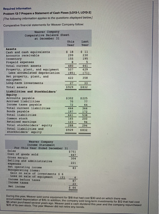 Required information Problem 13-7 Prepare a statement of Cash Flows (LO13-1, LO13-2) The following information applies to the