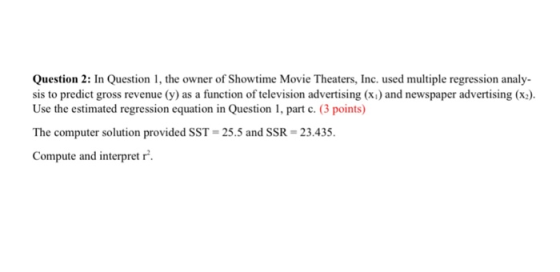 Question 2: In Question 1, the owner of Showtime Movie Theaters, Inc. used multiple regression analy sis to predict gross rev