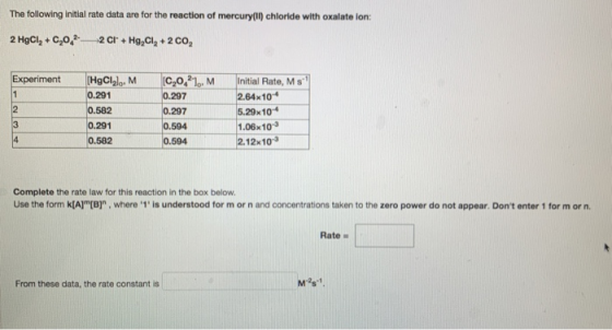 The following initial rate data are for the reaction of mercury(II) chloride with oxalate lon: 2 HgCl, +0, 2 2 Cr + HgCl2 + 2