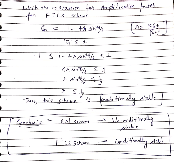 Write the expression for Amplification factor for FTCS scheme G |_ t sine (32 r = k St TS+72 IGIS 1 s1 ke tsi-ar sin 20% Arsi