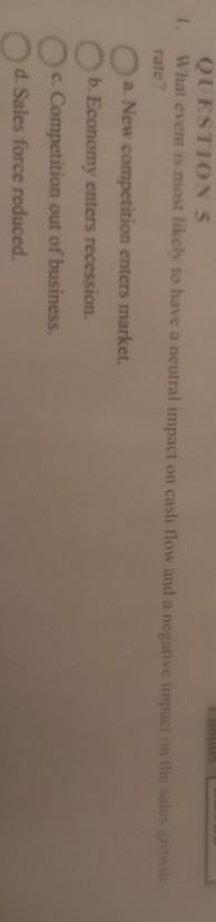D000 QUESTION 5 1. What event is most likely to have a neutral impact on cash flow and a negative impact on the sales growih
