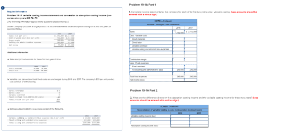 Problem 19-1A Part 1 1. Complete income statements for the company for each of its first two years under variable costing. (L