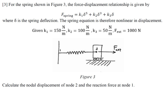[3] For the spring shown in Figure 3, the force-displacement relationship is given by Fspring = k185 + k203 + k38 where 8 is