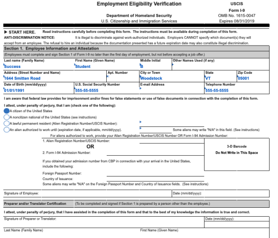Student Employment Eligibility Verification USCIS Form 1-9 Department of Homeland Security OMB No. 1615-0047 U.S. Citizenshi