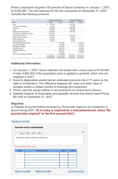 Prince Corporation acquired 100 percent of Sword Company on January 1, 20X7, for $192,000. The trial balances for the two com