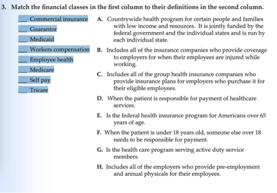 3. Match the financial classes in the first column to their definitions in the second column. _Commercial insurance A. Countr