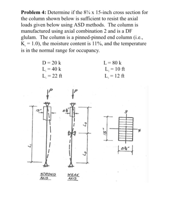 Problem 4: Determine if the 87/4 x 15-inch cross section for the column shown below is sufficient to resist the axial loads g