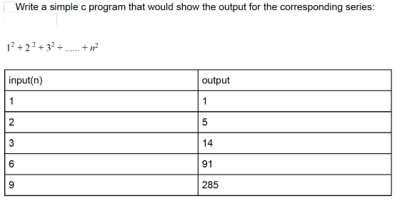 Write a simple c program that would show the output for the corresponding series 12 +22 +32+...n2 input(n) output 2 14 91 285 6