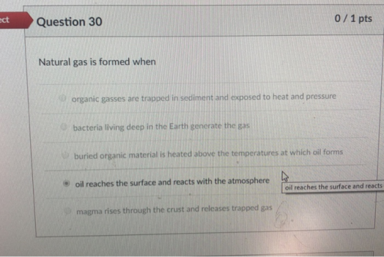 0/1 pts ct Question 30 Natural gas is formed when organic gasses are trapped in sediment and exposed to heat and pressure bac