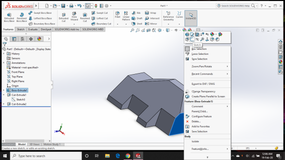 BS SOLIDWORKS > D-00-66 @ Part1 * Search SOLIDWORKS Help Q- ?- - O X Extruded Wizard Fillet Linear Extruded Revolved Boss/B