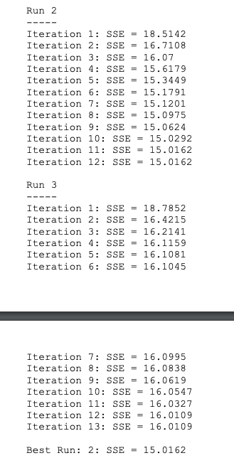 Run 2 Iteration 1: SSE -18.5142 Iteration 2: SSE 16.7108 Iteration 3: SSE 16.07 Iteration 4: SSE -15.6179 Iteration 5: SSE 15.3449 Iteration 6: SSE 15.1791 Iteration 7: SSE 15.1201 Iteration 8: SSE 15.0975 Iteration 9: SSE 15.0624 Iteration 10: SSE = 15.0292 Iteration 11: SSE = 15.0162 Iteration 12: SSE = 15.0162 Run 3 Iteration 1: SSE-18.7852 Iteration 2: SSE -16.4215 Iteration 3: SSE 16.2141 Iteration 4: SSE 16.1159 Iteration 5: SSE - 16.1081 Iteration 6: SSE 16.1045 Iteration 7: SSE 16.0995 Iteration 8: SSE 16.0838 Iteration 9: SSE 16.0619 Iteration 10: SSE = 16.0547 Iteration 11: SSE = 16.0327 Iteration 12: SSE 16.0109 Iteration 13: SSE 16.0109 Best Run: 2: SSE15.0162