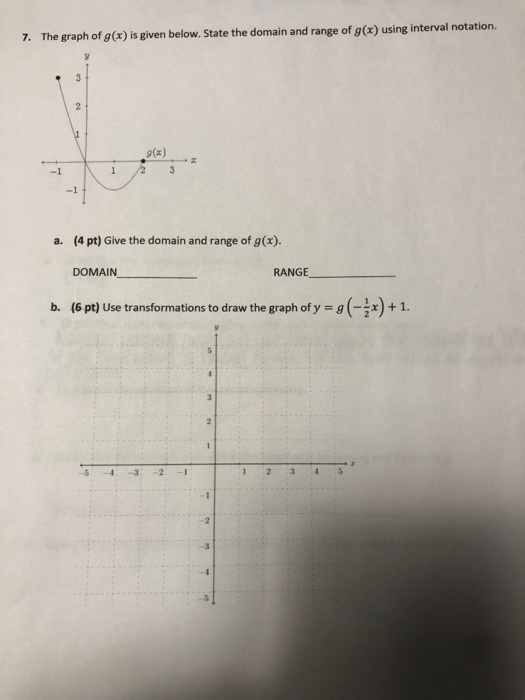 7. The graph of g(x) is given below. State the domain and range of g(x) using interval notation. 9(2) 27 a. (4 pt) Give the d