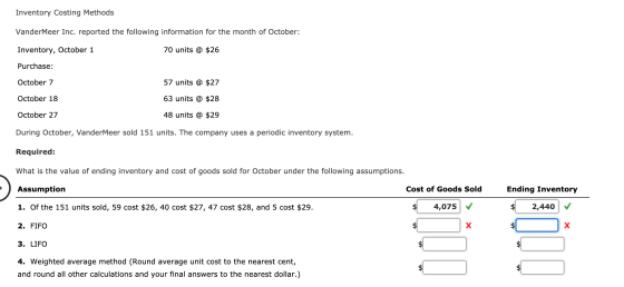 Inventory Costing Methods VanderMeer Inc. reported the following information for the month of October: Inventory, October 1 7